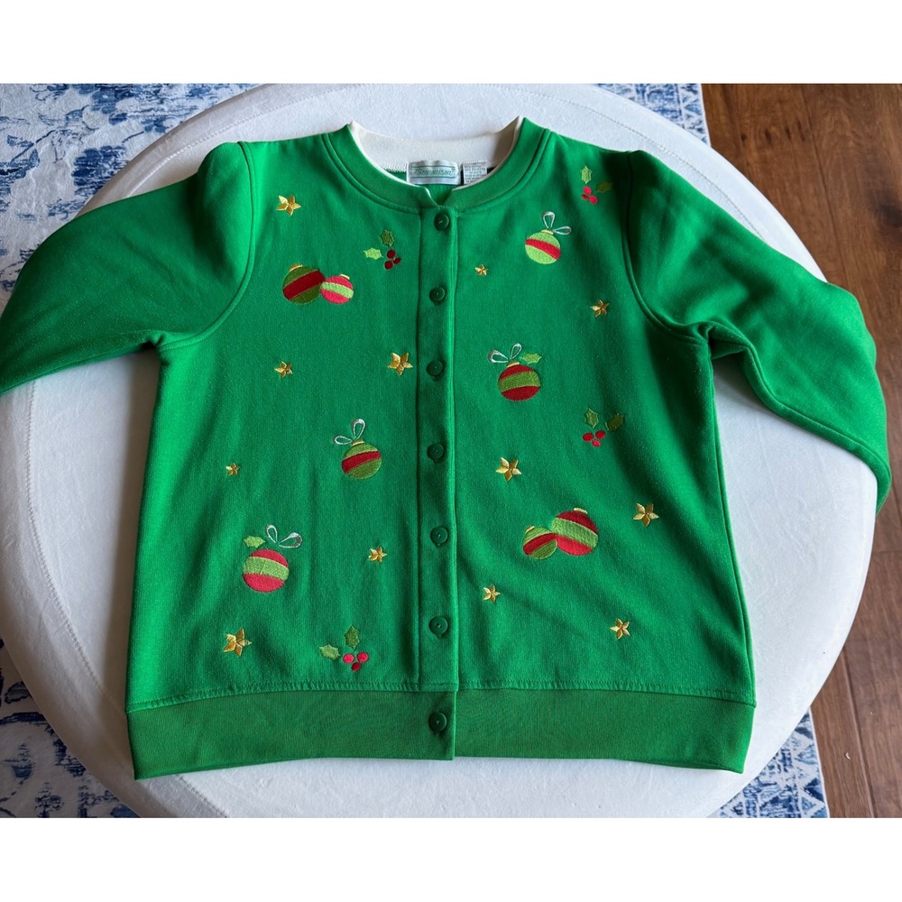 Green Christmas Cardigan Sweater Ornaments Holly Stars Embroidered Size M